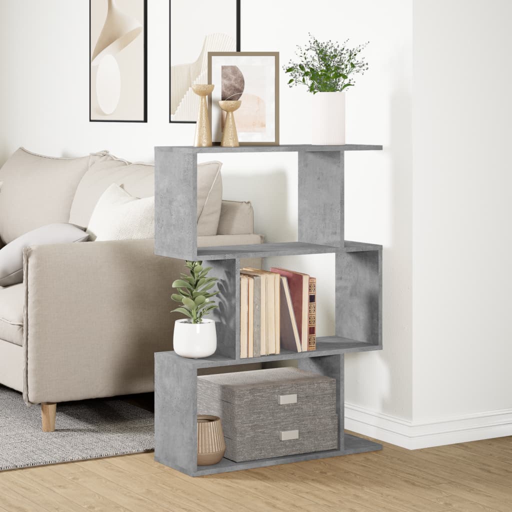 Bibliothèque séparateur de pièce 3 compartiments gris béton 70x24x97 cm