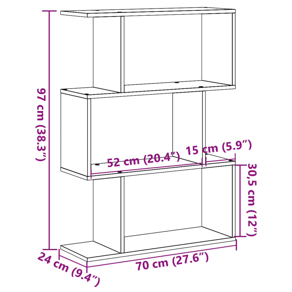 Bibliothèque séparateur de pièce 3 compartiments gris béton 70x24x97 cm