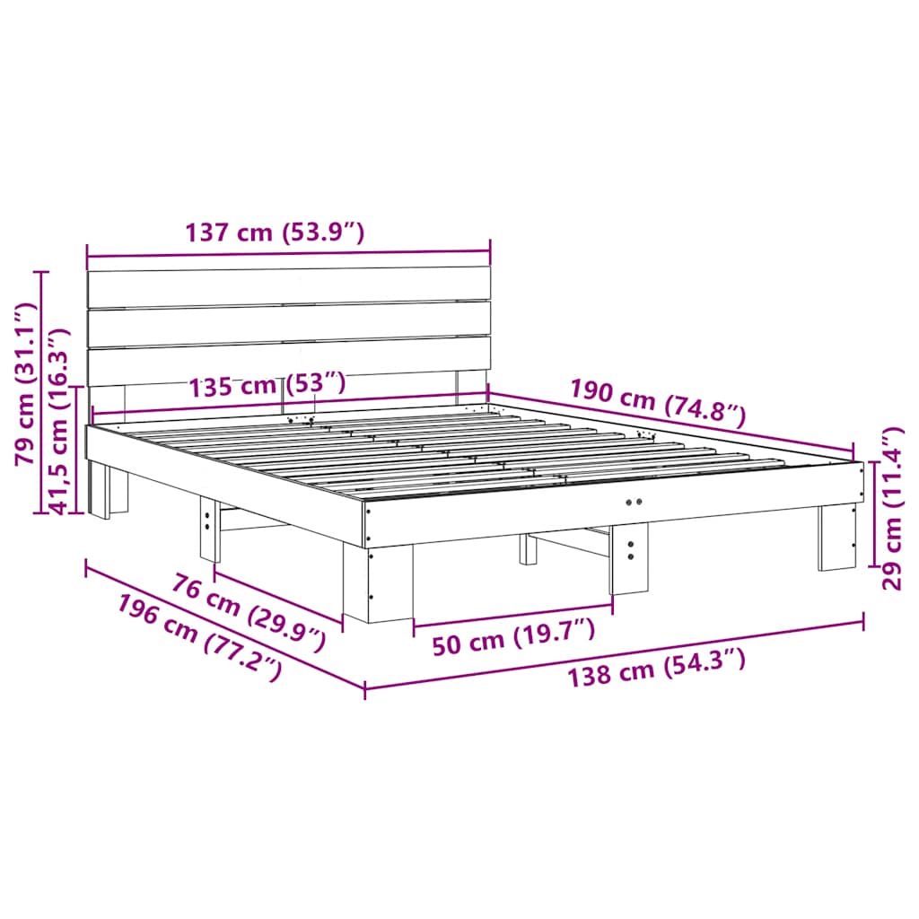 Massivholzbett mit Kopfteil ohne Matratze 135x190 cm Eichenholz