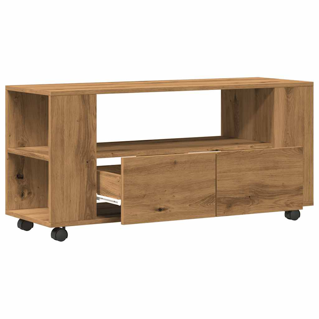 Meuble TV à roulettes Chêne artisanal 102x34,5x43cm matériau bois