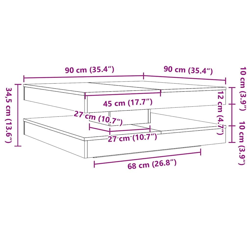 Couchtisch 360-Grad Drehbar Schwarz Eichen-Optik 90x90x34,5 cm