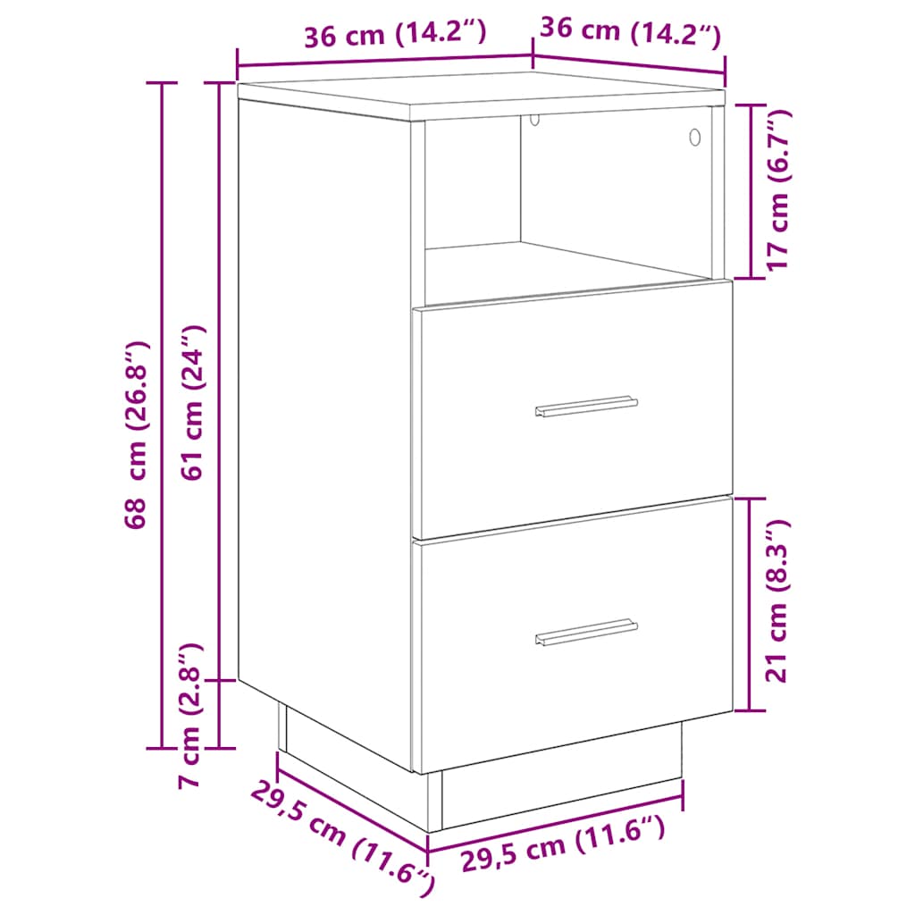 Bedside table with 2 drawers smoked oak 36x36x68 cm