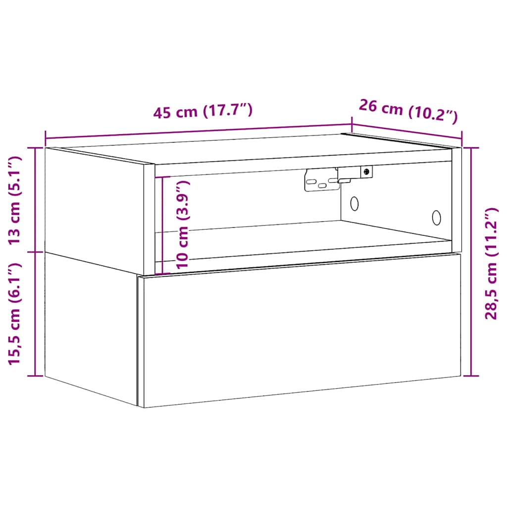 Wall-mounted bedside tables, 2 pieces, black, 45 x 26 x 28.5 cm