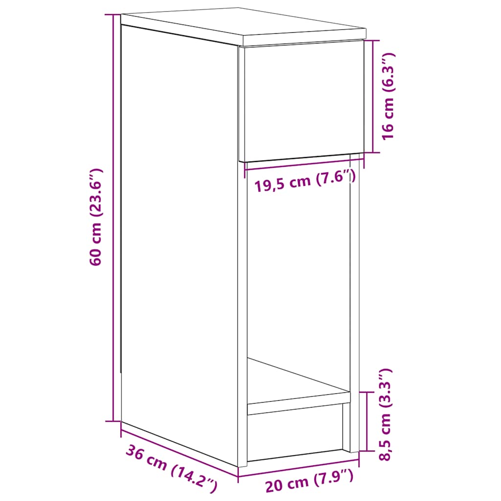 Bedside table with drawer, black oak look, 20x36x60 cm