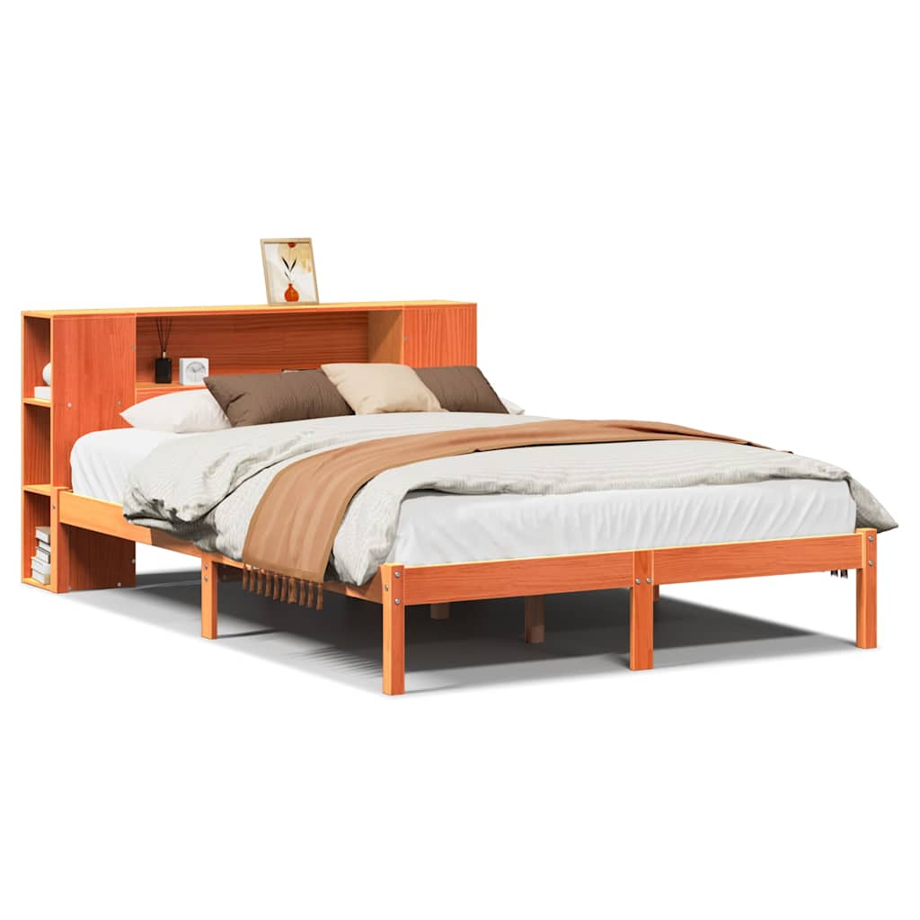 Solid wood bed with shelf without mattress, wax brown, 140x200 cm