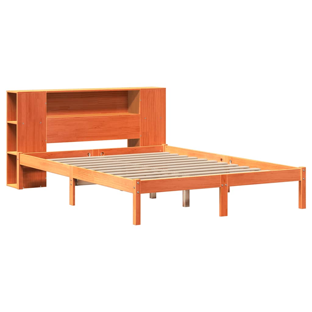 Solid wood bed with shelf without mattress, wax brown, 140x200 cm