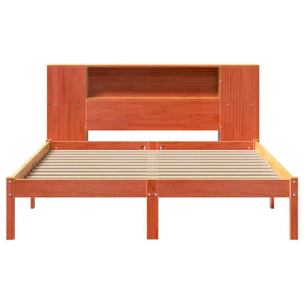 Solid wood bed with shelf without mattress, wax brown, 140x200 cm
