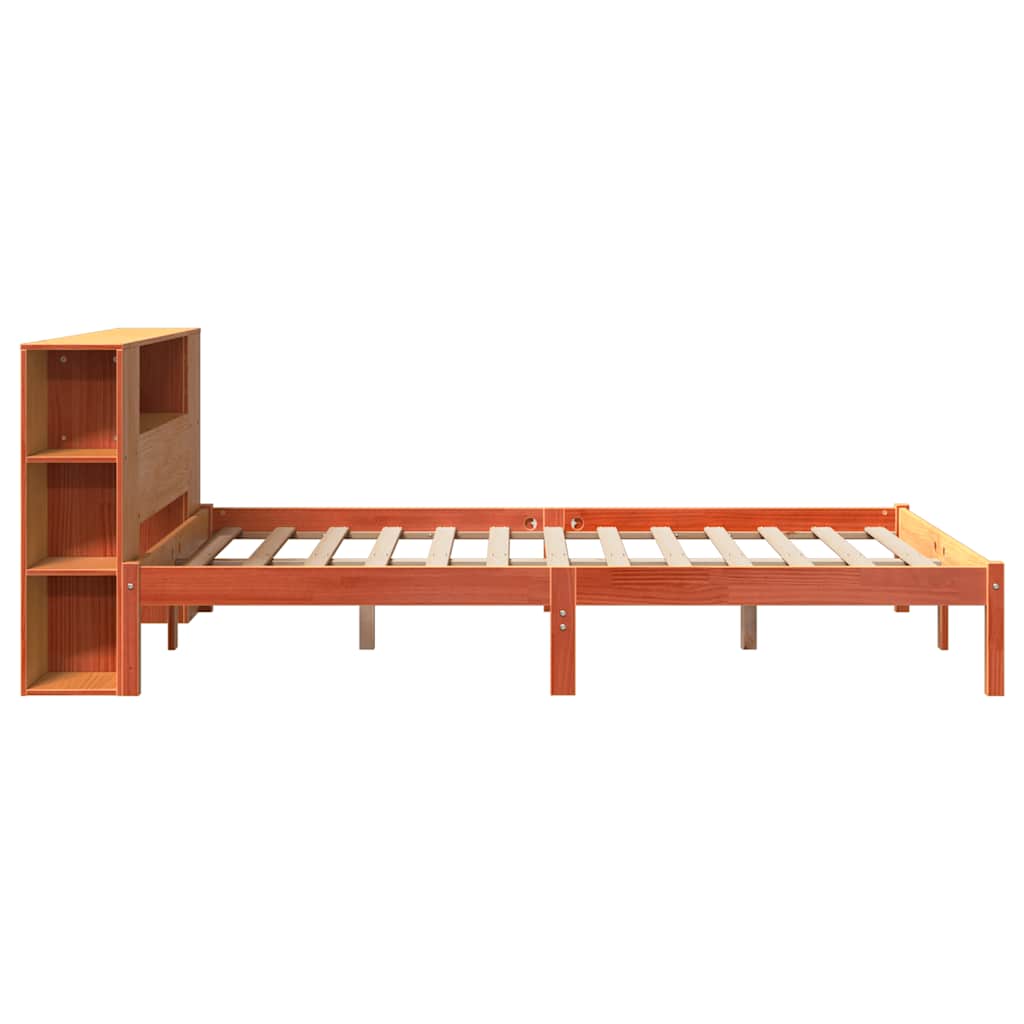Solid wood bed with shelf without mattress, wax brown, 140x200 cm
