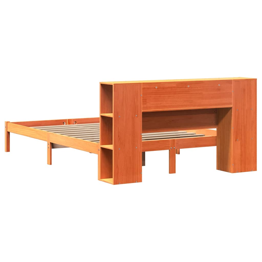 Solid wood bed with shelf without mattress, wax brown, 140x200 cm