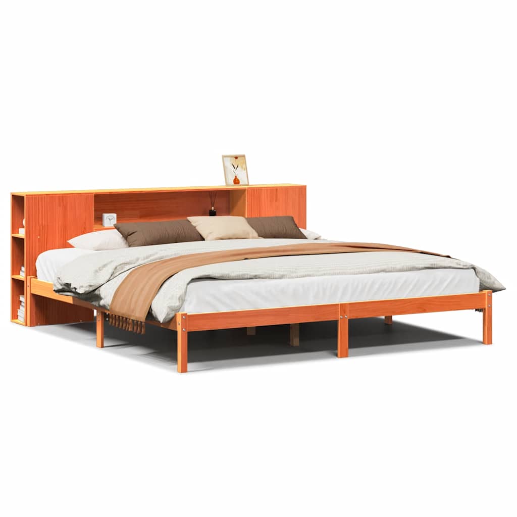 Lit en bois massif avec étagère sans matelas, couleur marron ciré, 200x200 cm
