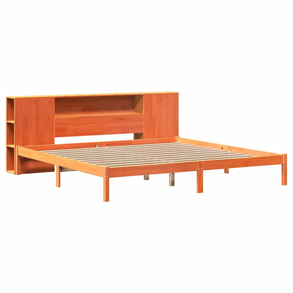 Lit en bois massif avec étagère sans matelas, couleur marron ciré, 200x200 cm