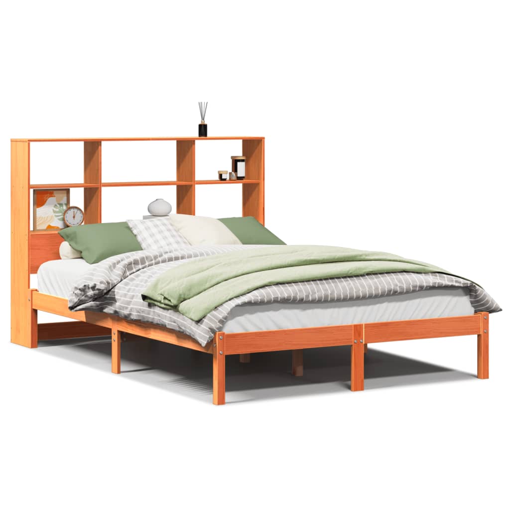 Solid wood bed with shelf without mattress, wax brown, 140x200 cm