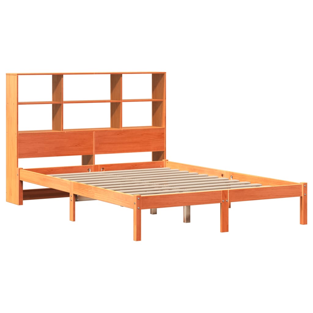 Solid wood bed with shelf without mattress, wax brown, 140x200 cm