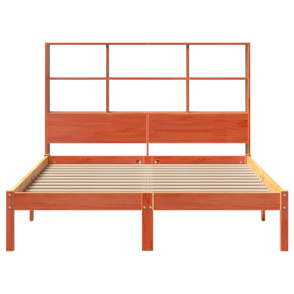 Solid wood bed with shelf without mattress, wax brown, 140x200 cm