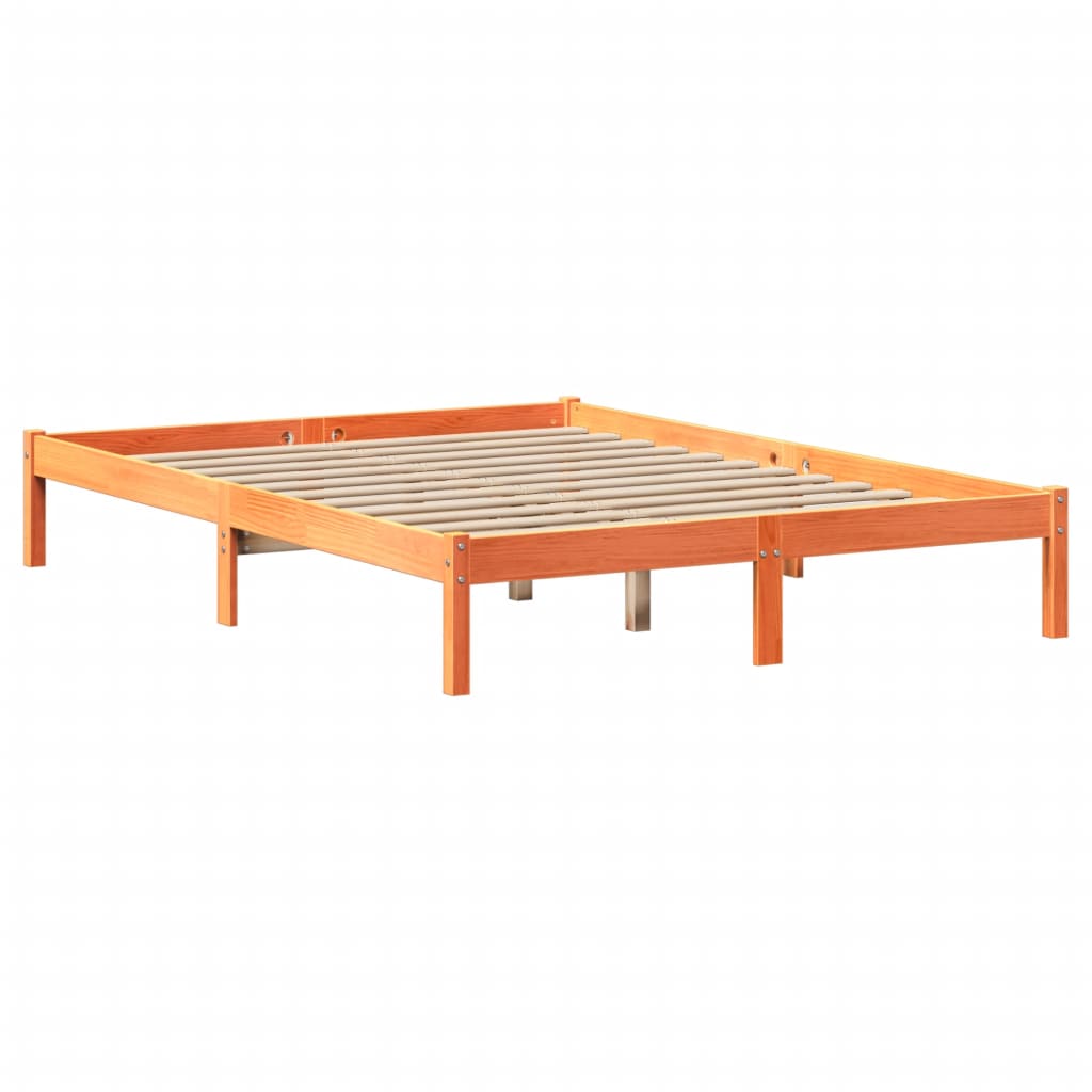 Solid wood bed with shelf without mattress, wax brown, 140x200 cm