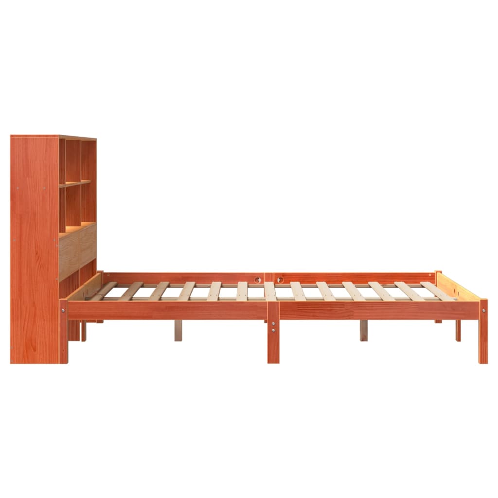Solid wood bed with shelf without mattress, wax brown, 140x200 cm