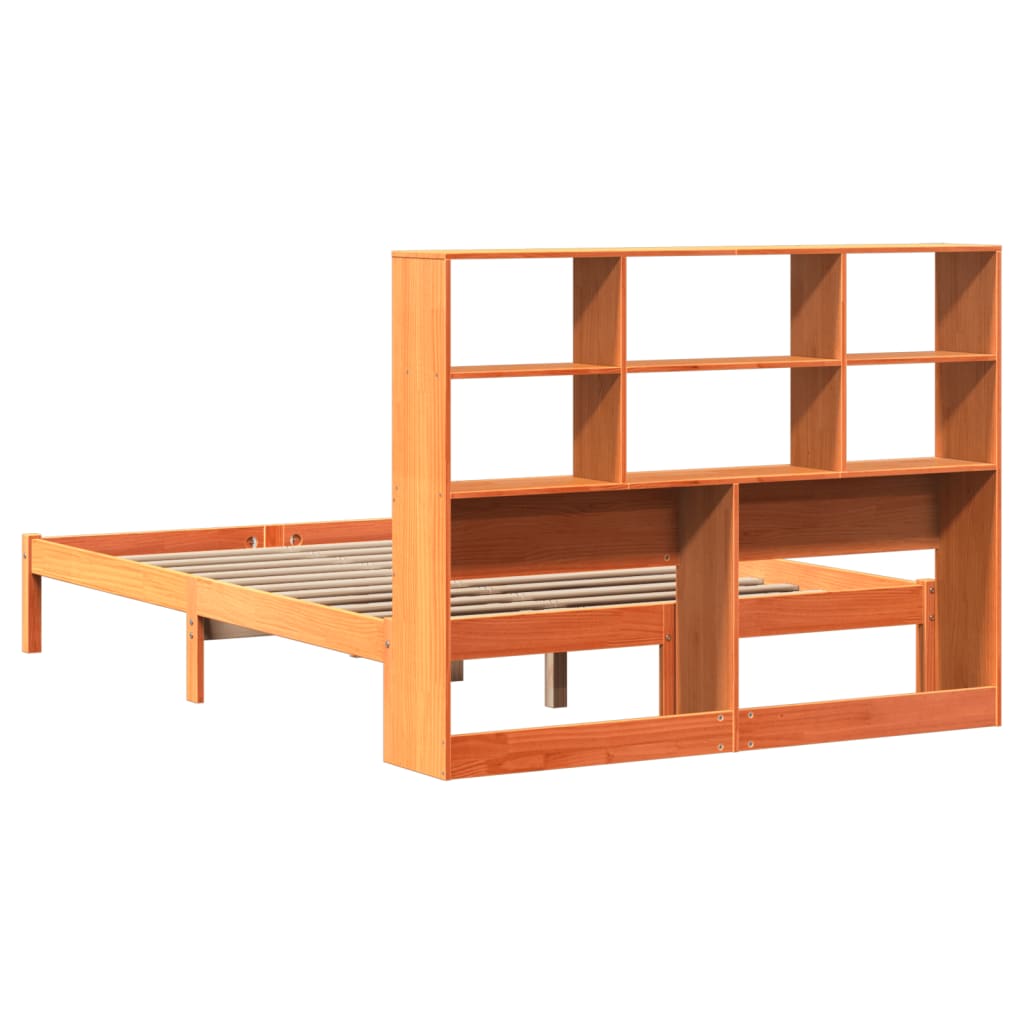 Solid wood bed with shelf without mattress, wax brown, 140x200 cm