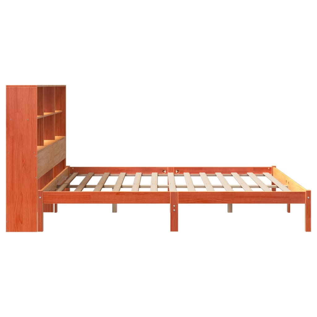 Lit en bois massif avec étagère sans matelas, couleur marron ciré, 200x200 cm