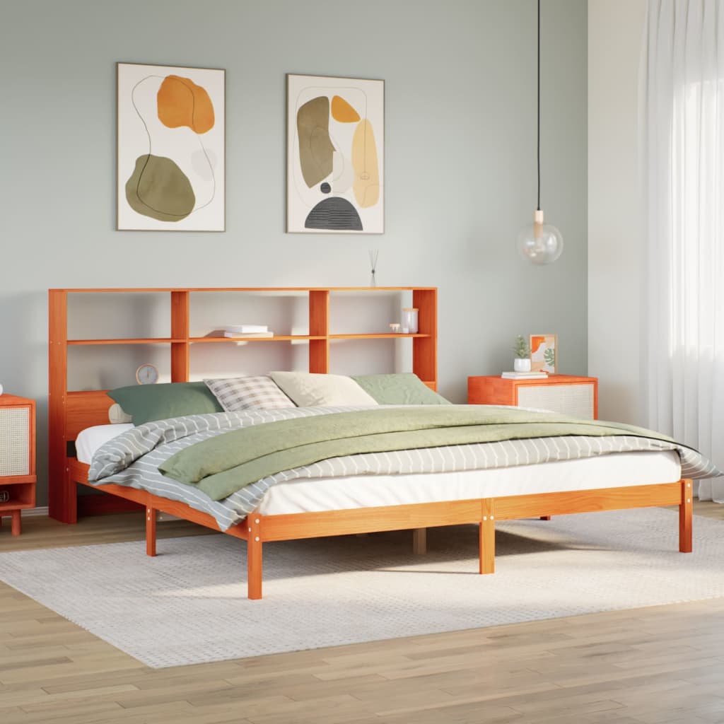Lit en bois massif avec étagère sans matelas, couleur marron ciré, 200x200 cm