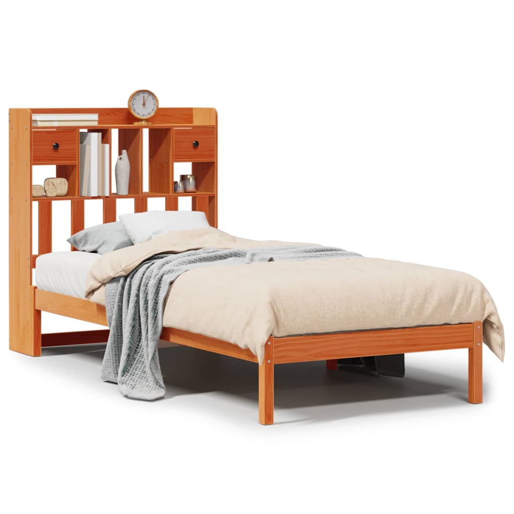 Lit en bois massif avec étagère sans matelas ciré marron 75x190 cm