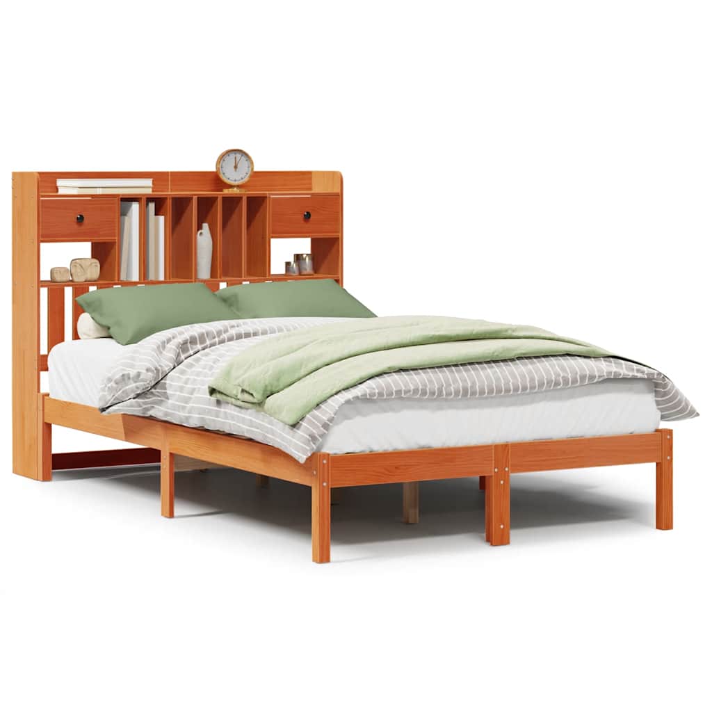 Lit en bois massif avec étagère sans matelas, couleur marron ciré, 135x190 cm