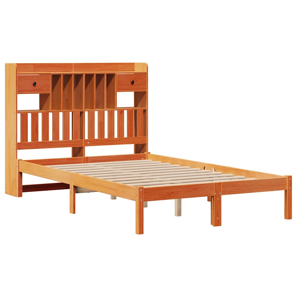 Lit en bois massif avec étagère sans matelas, couleur marron ciré, 135x190 cm