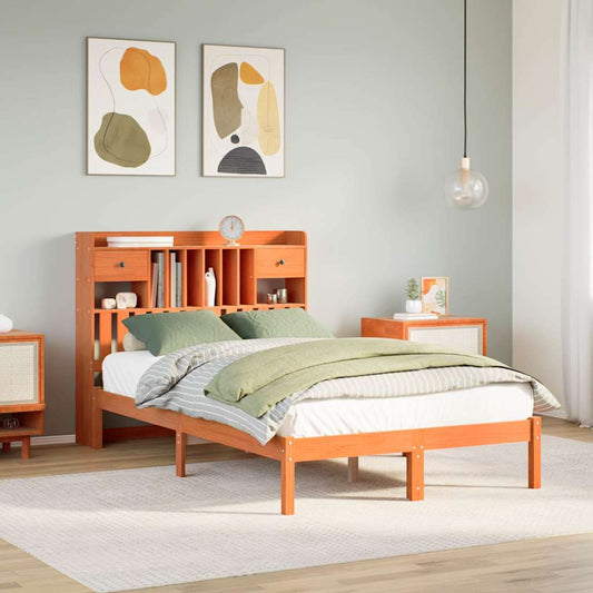 Solid wood bed with shelf without mattress, wax brown, 135x190 cm