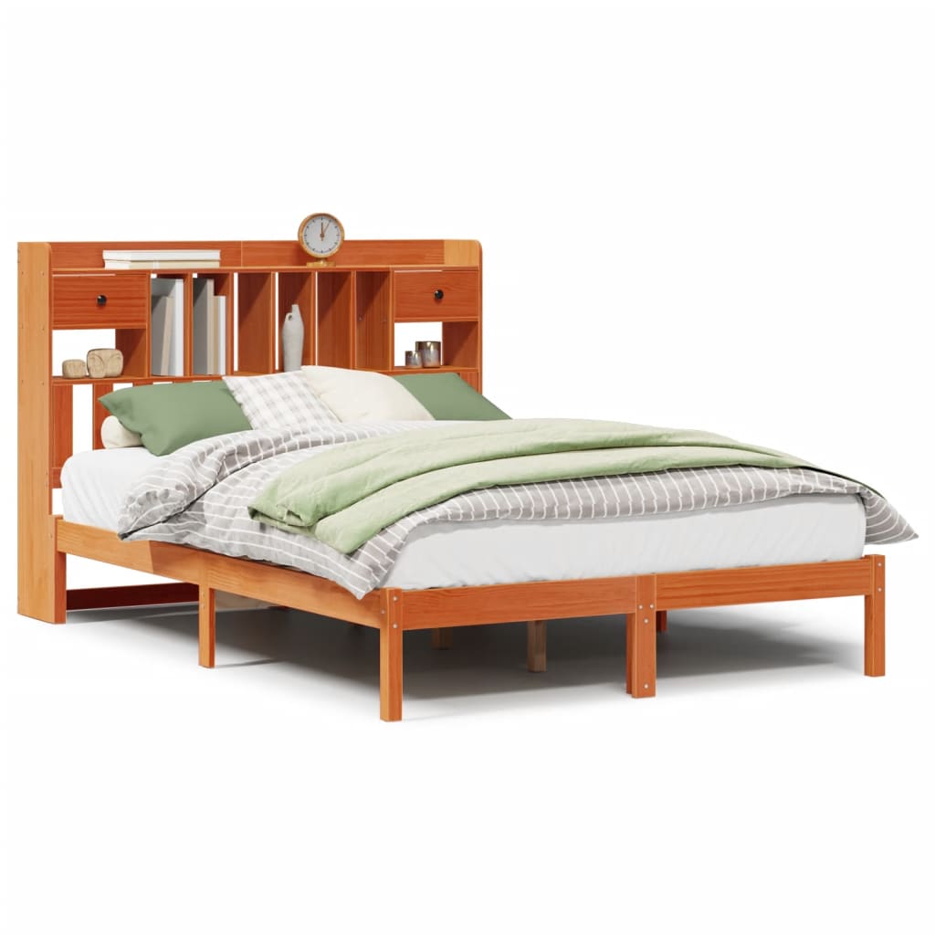 Solid wood bed with shelf without mattress, wax brown, 140x200 cm