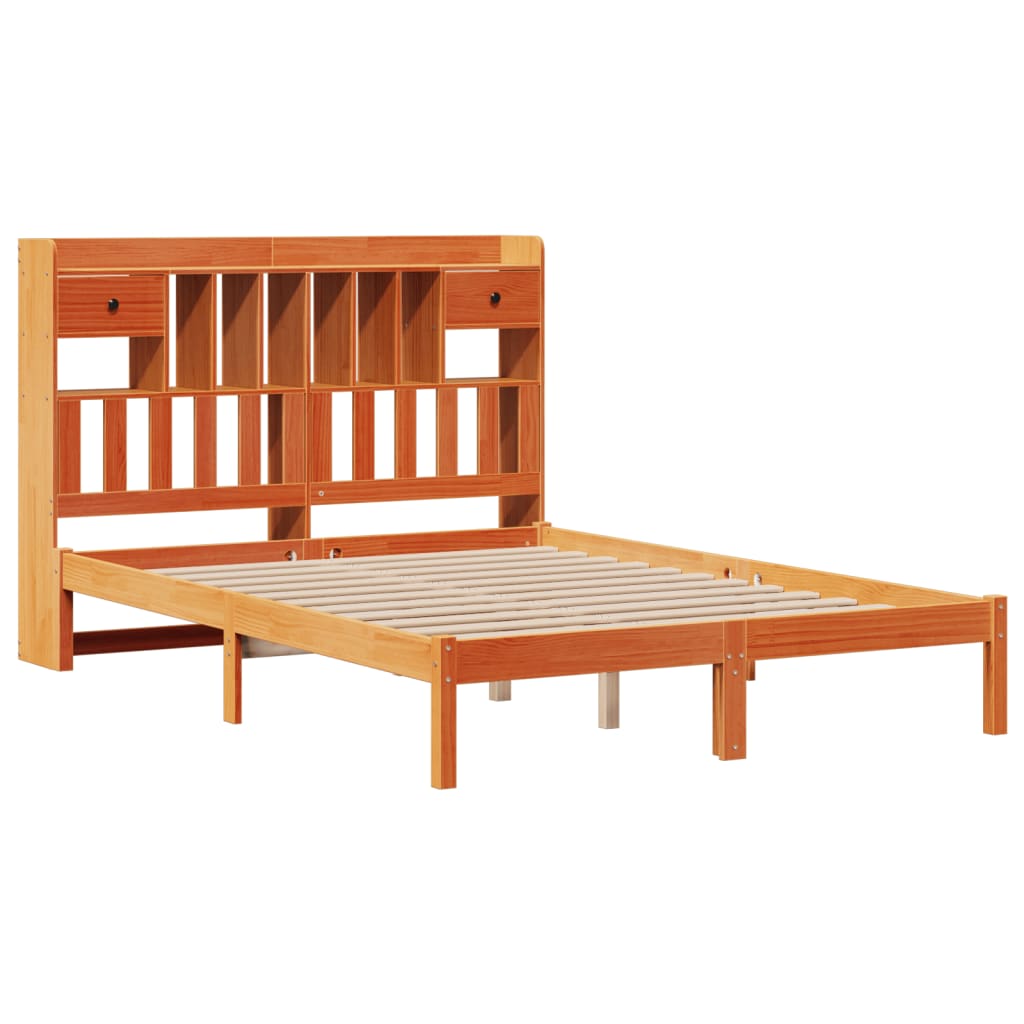 Solid wood bed with shelf without mattress, wax brown, 140x200 cm