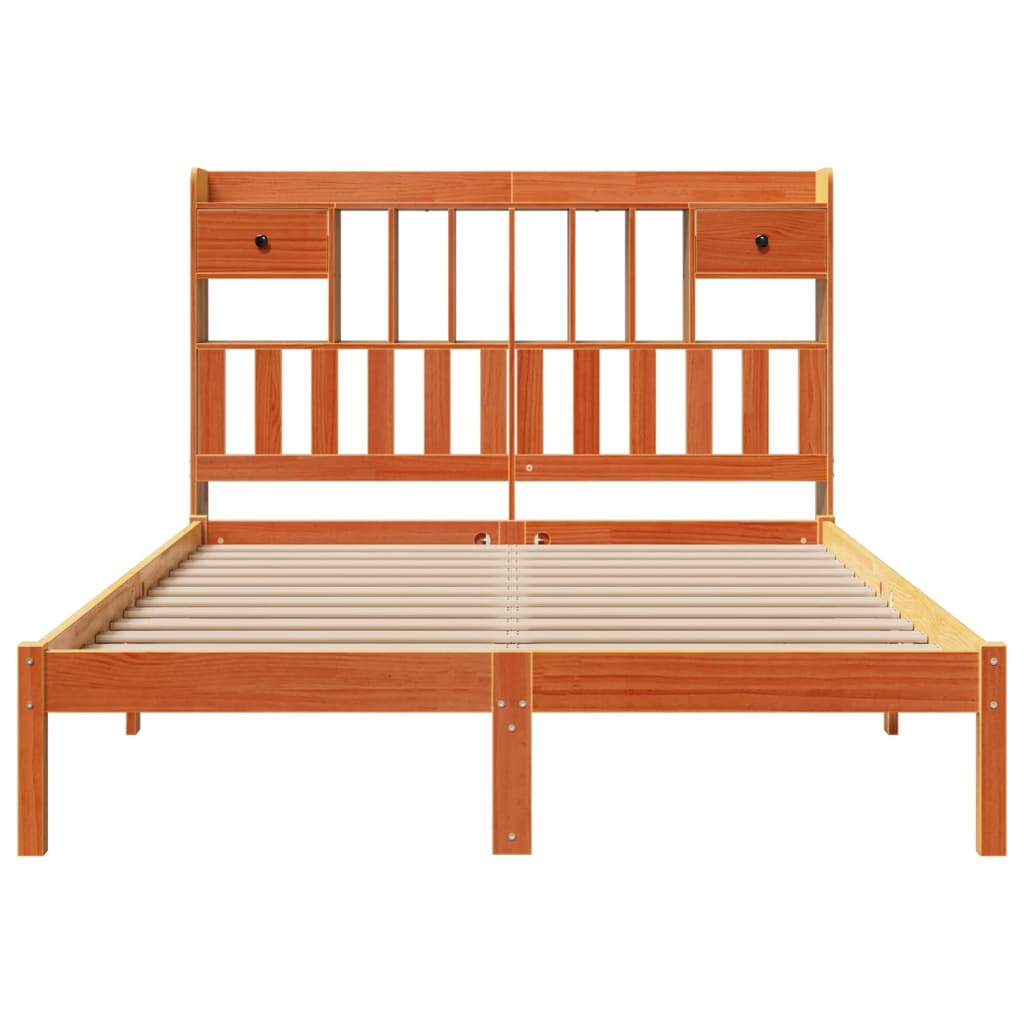 Solid wood bed with shelf without mattress, wax brown, 140x200 cm