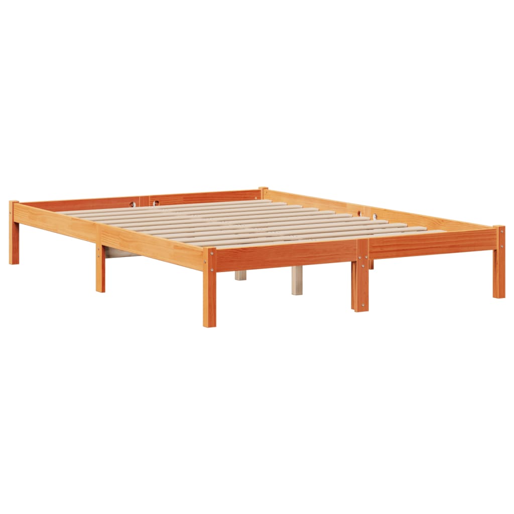 Solid wood bed with shelf without mattress, wax brown, 140x200 cm