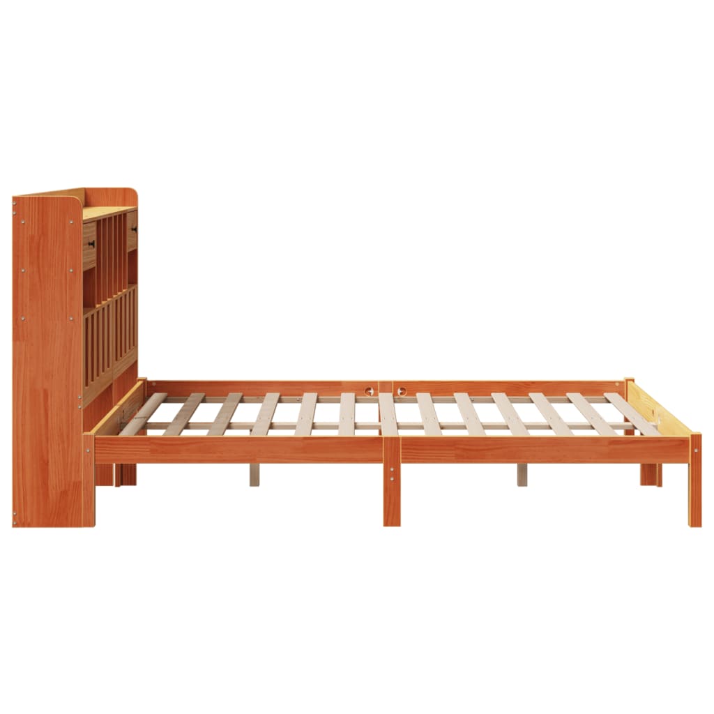 Solid wood bed with shelf without mattress, wax brown, 140x200 cm