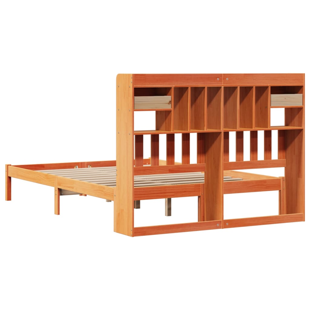 Solid wood bed with shelf without mattress, wax brown, 140x200 cm