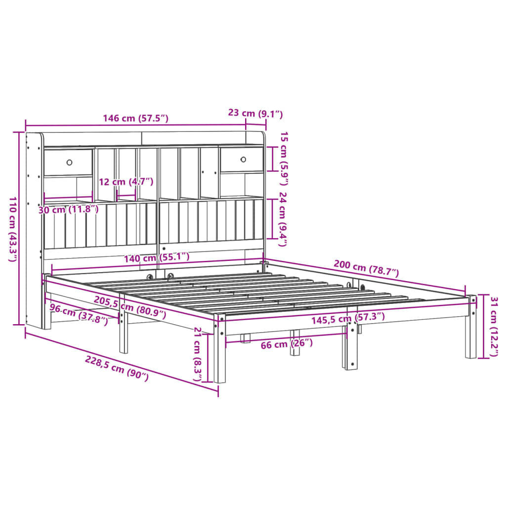 Solid wood bed with shelf without mattress, wax brown, 140x200 cm