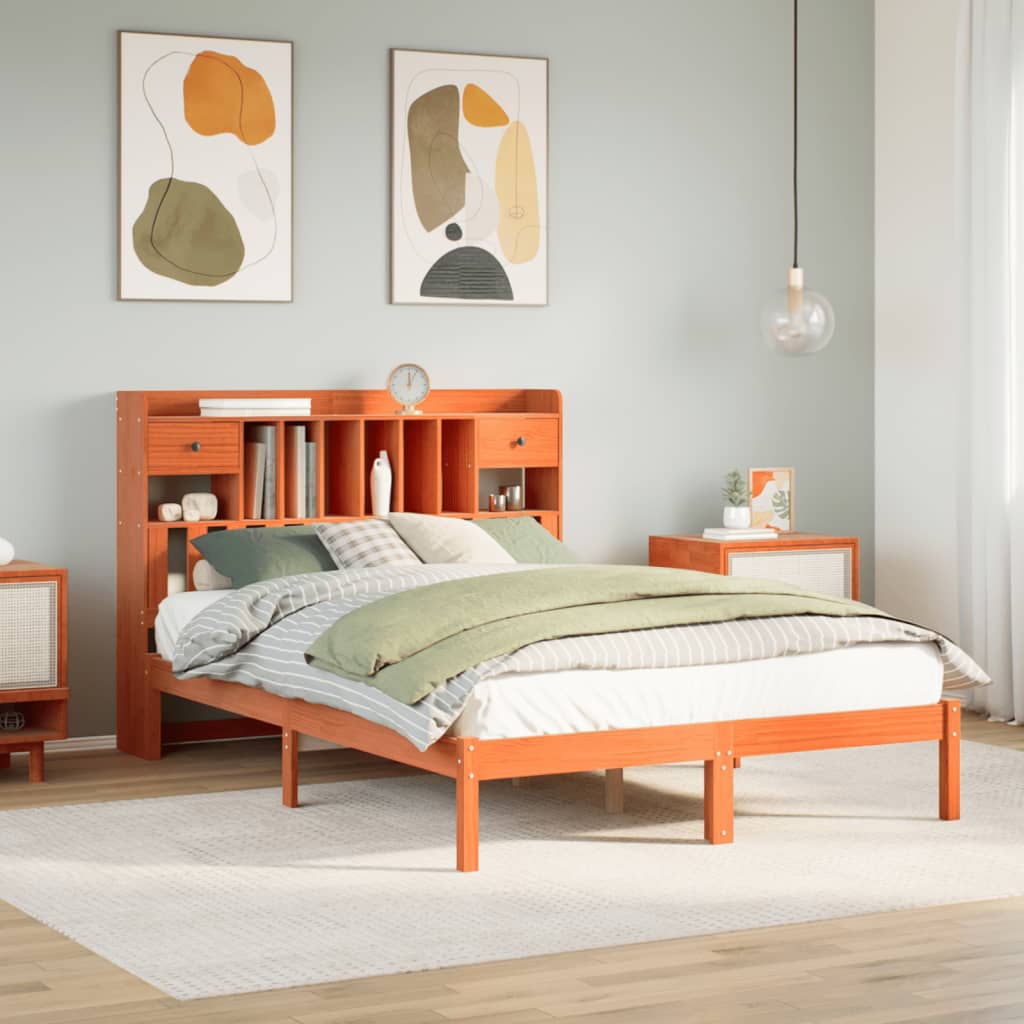 Solid wood bed with shelf without mattress, wax brown, 140x200 cm