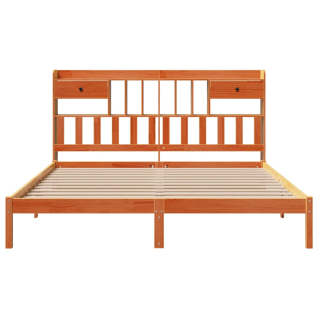 Lit en bois massif avec étagère sans matelas, couleur marron ciré, 200x200 cm