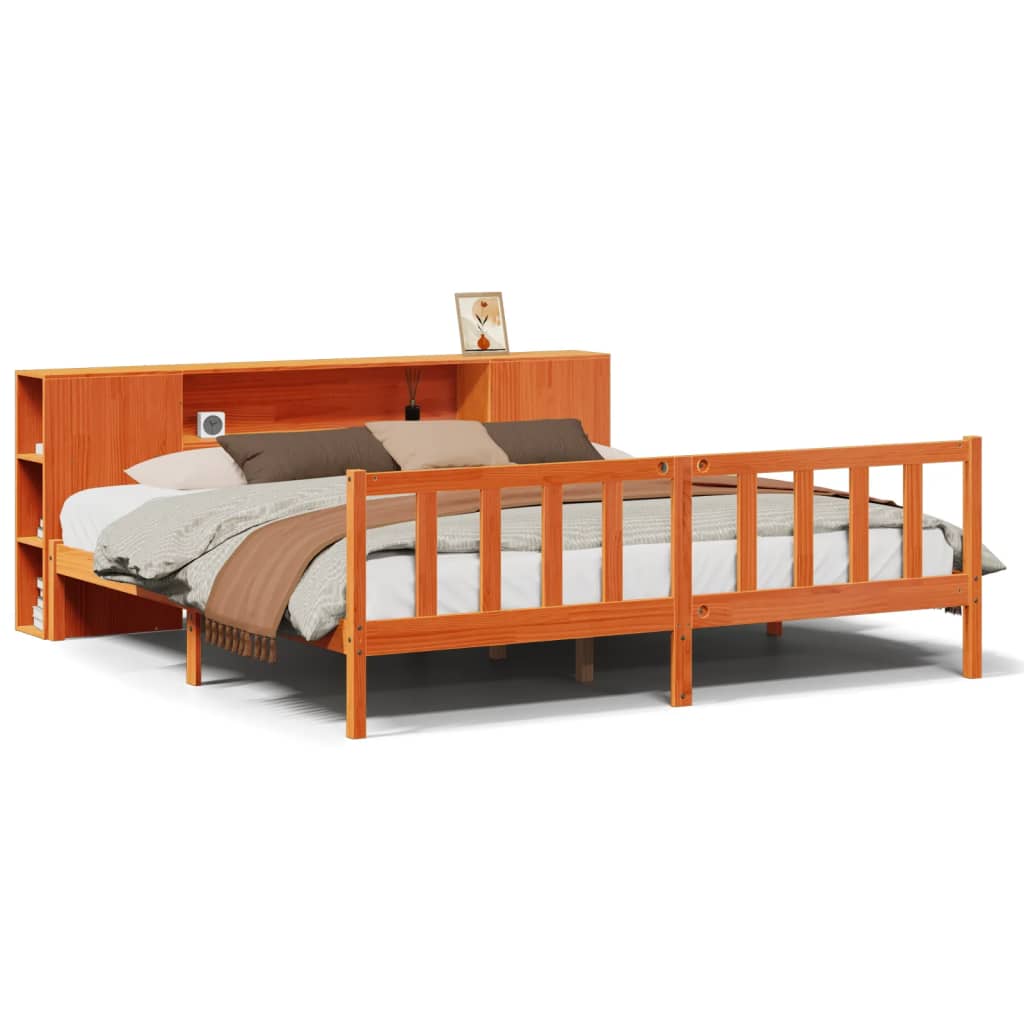 Massivholzbett mit Regal ohne Matratze Wachsbraun 180x200 cm