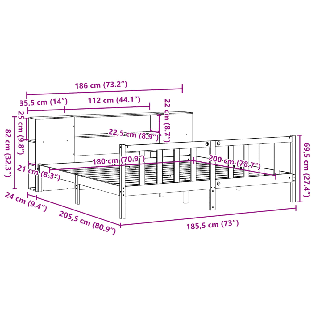 Massivholzbett mit Regal ohne Matratze Wachsbraun 180x200 cm