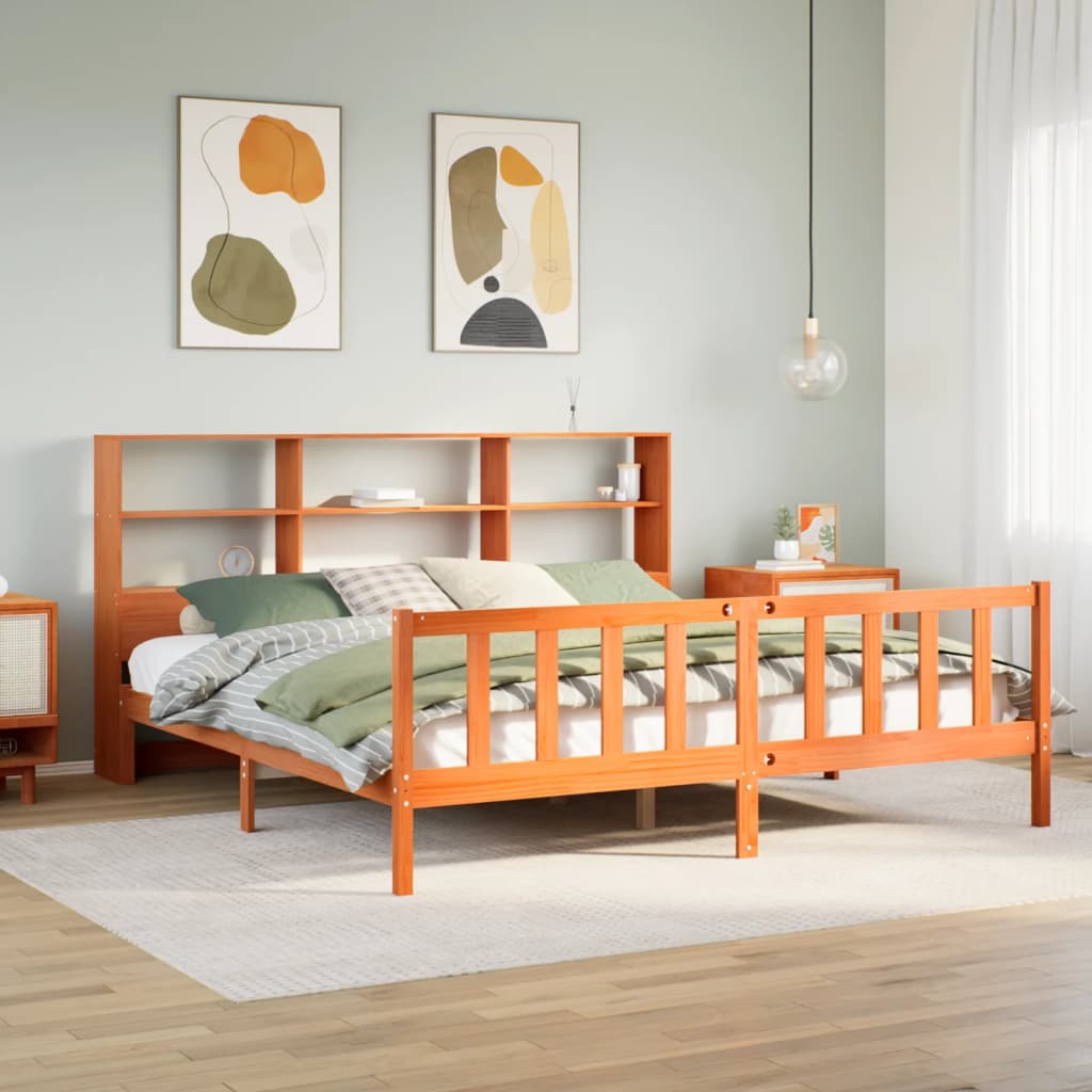 Massivholzbett mit Regal ohne Matratze Wachsbraun 180x200 cm