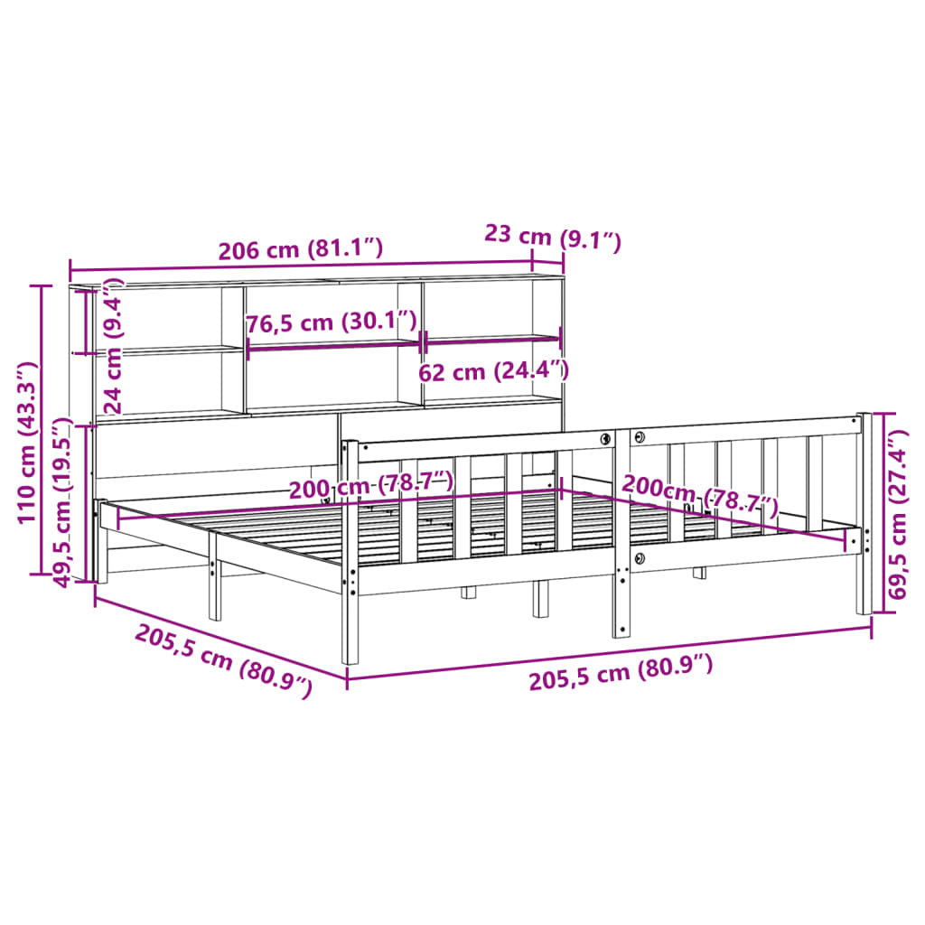 Massivholzbett mit Regal ohne Matratze Wachsbraun 200x200 cm