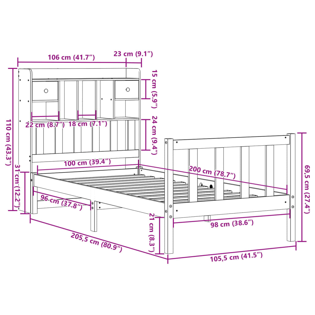 Massivholzbett mit Regal ohne Matratze Wachsbraun 100x200 cm
