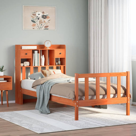 Massivholzbett mit Regal ohne Matratze Wachsbraun 100x200 cm