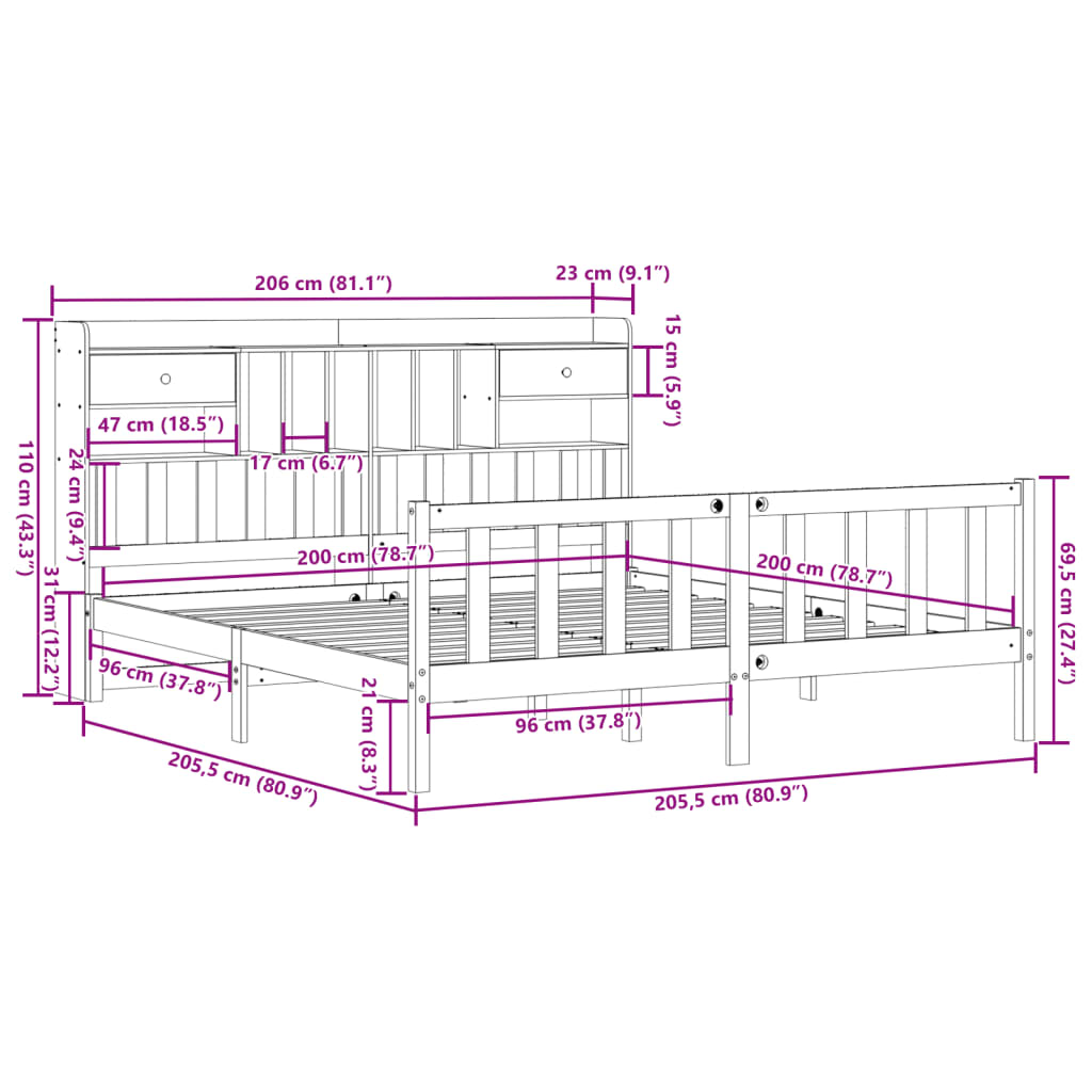 Massivholzbett mit Regal ohne Matratze Wachsbraun 200x200 cm