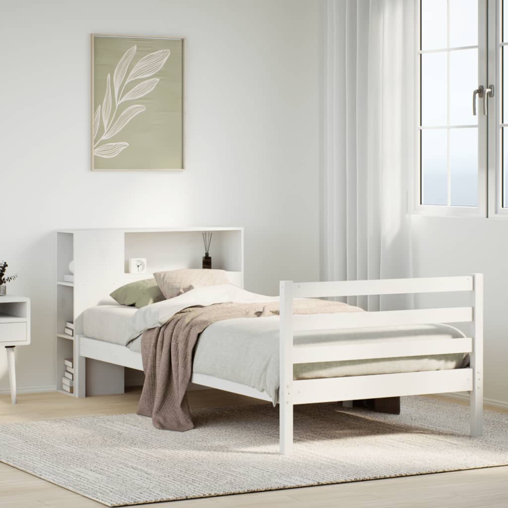 Massivholzbett mit Regal ohne Matratze Weiß 75x190 cm Kiefer
