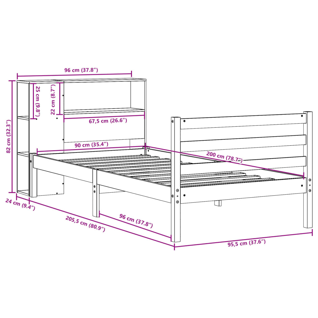 Massivholzbett mit Regal ohne Matratze 90x200 cm Kiefernholz