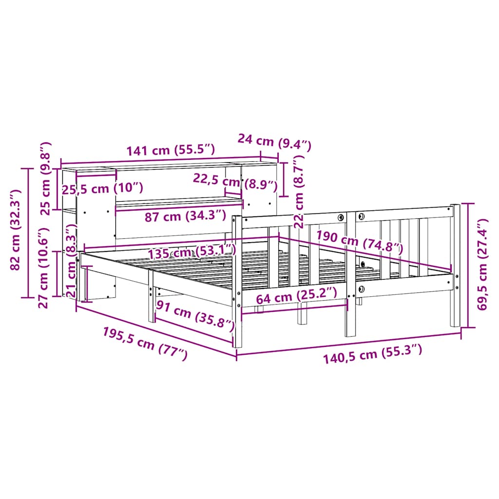 Massivholzbett mit Regal ohne Matratze 135x190 cm Kiefernholz