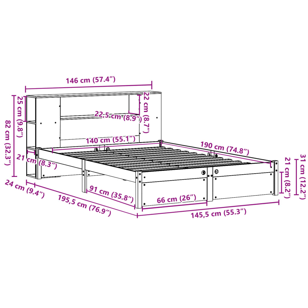 Lit en bois massif avec étagère sans matelas blanc 140x190 cm pin