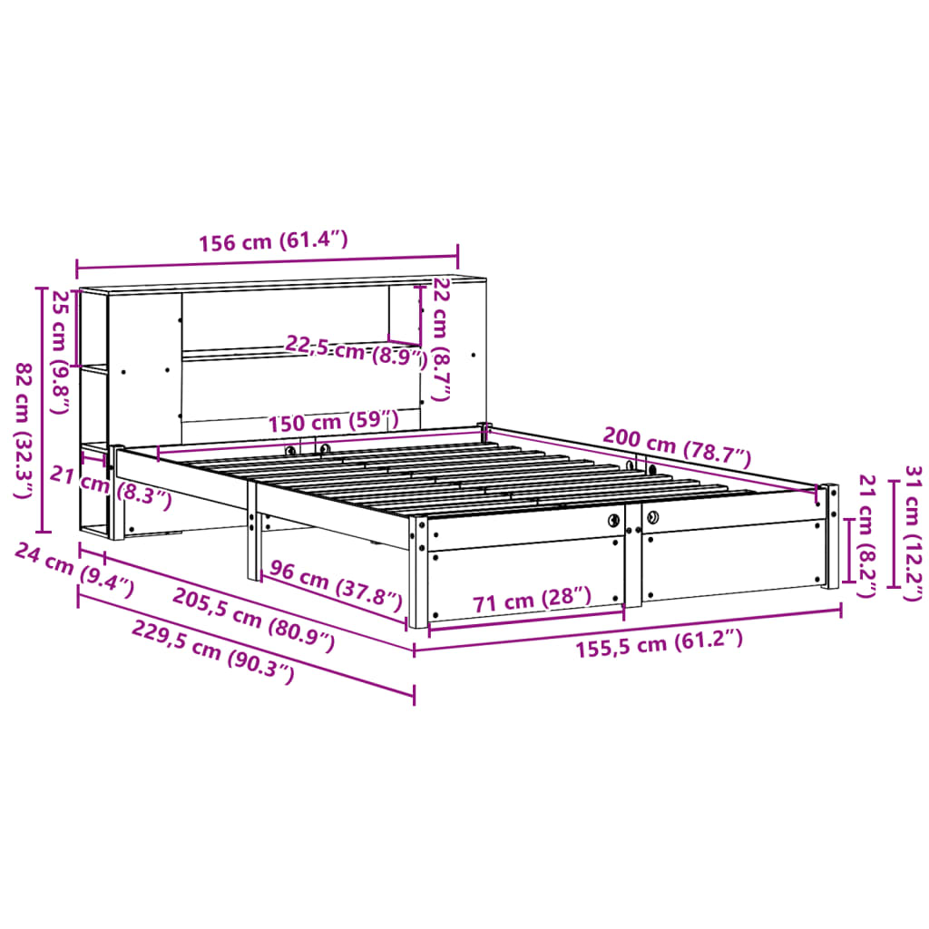 Lit en bois massif avec étagère sans matelas blanc 150x200 cm pin