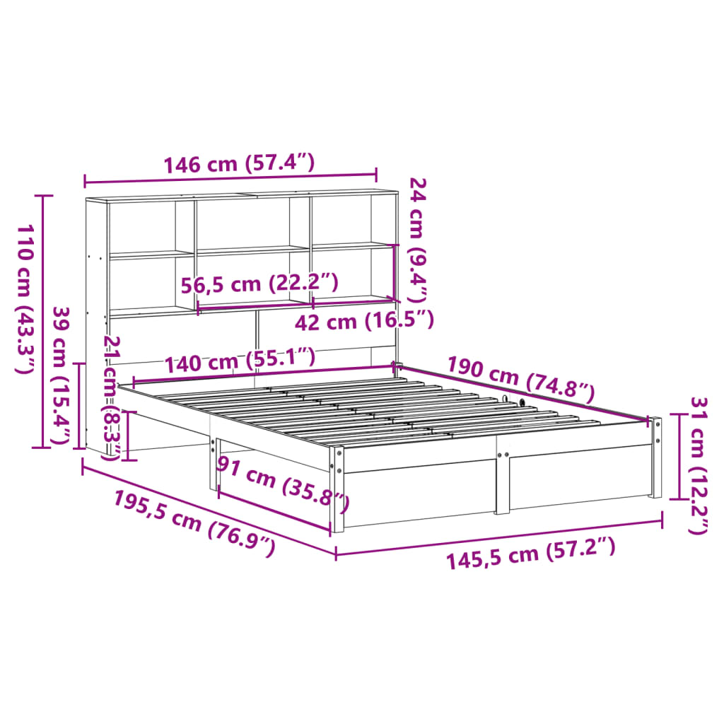Lit en bois massif avec étagère sans matelas blanc 140x190 cm pin