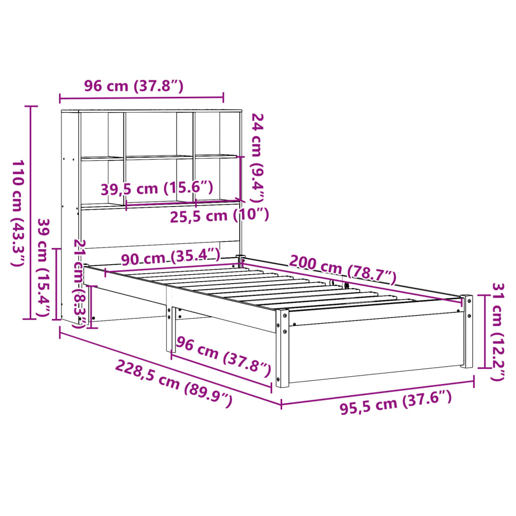 Lit en bois massif avec étagère sans matelas pin blanc 90x200 cm